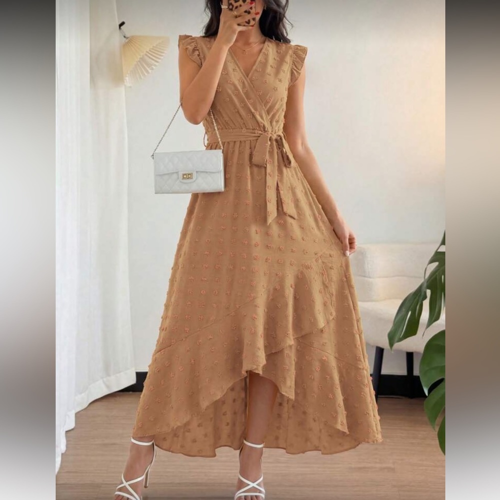 Elegant Khaki High-Low Midi Dress with Tie Waist